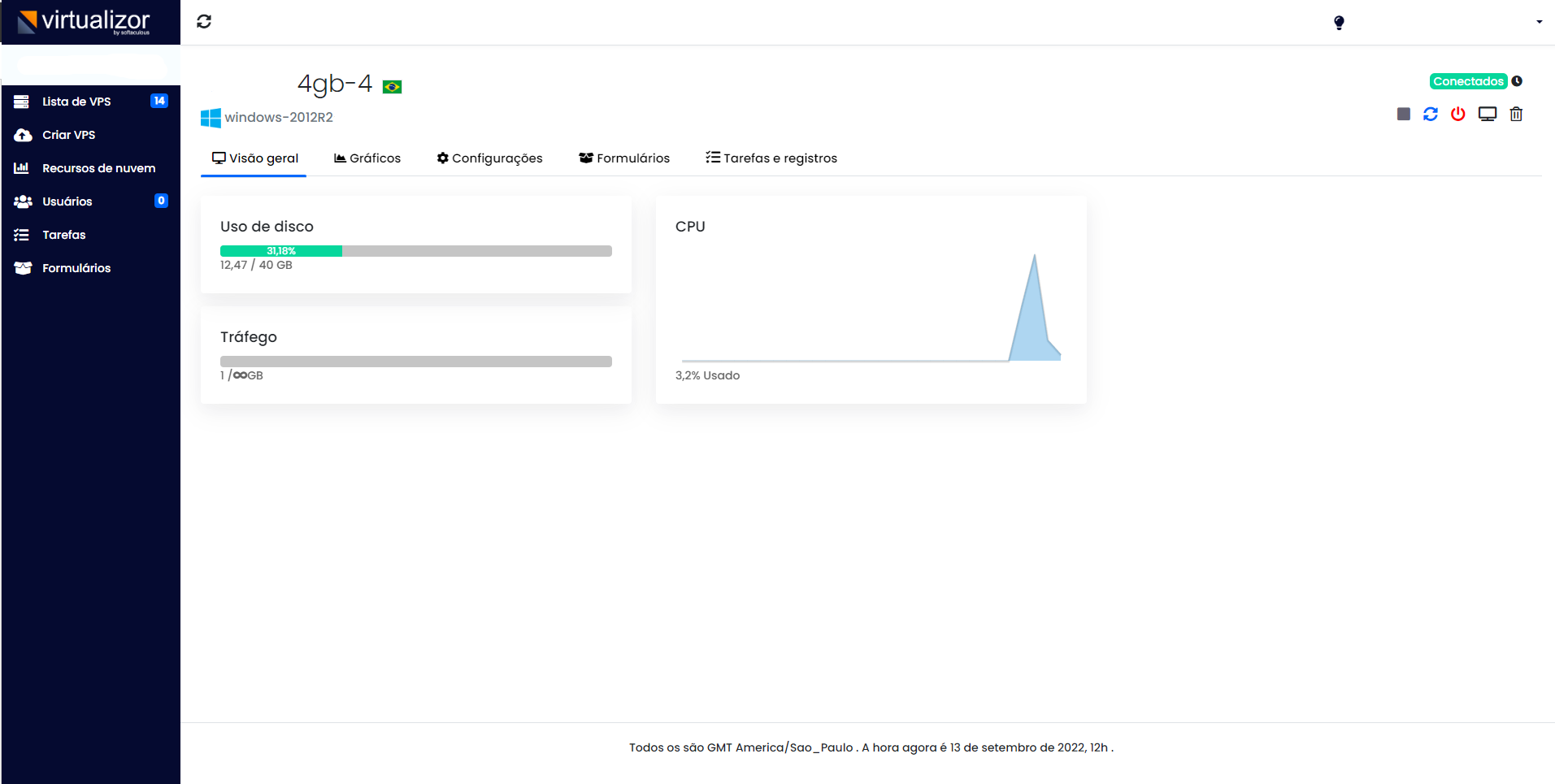 Painel do cliente Ryzer Host — exemplo de interface para revenda de VPS